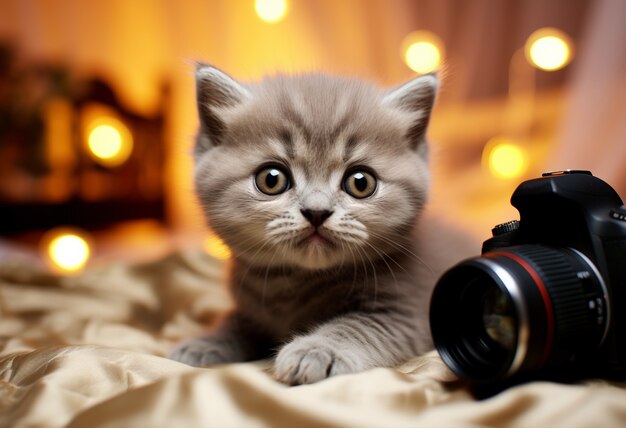 Gattino dall'aspetto adorabile con la macchina fotografica