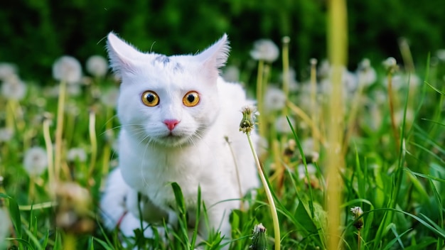 Gatto bianco spaventato che guarda impaurito la telecamera in un prato verde pieno di denti di leone