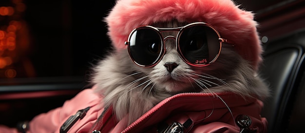 Gatto carino che indossa occhiali da sole all'aperto primo piano Animale alla moda