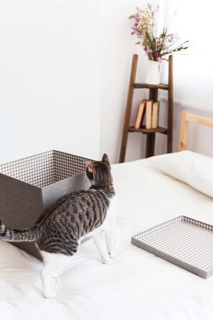 Foto gratuito gatto che annusa la scatola sul letto