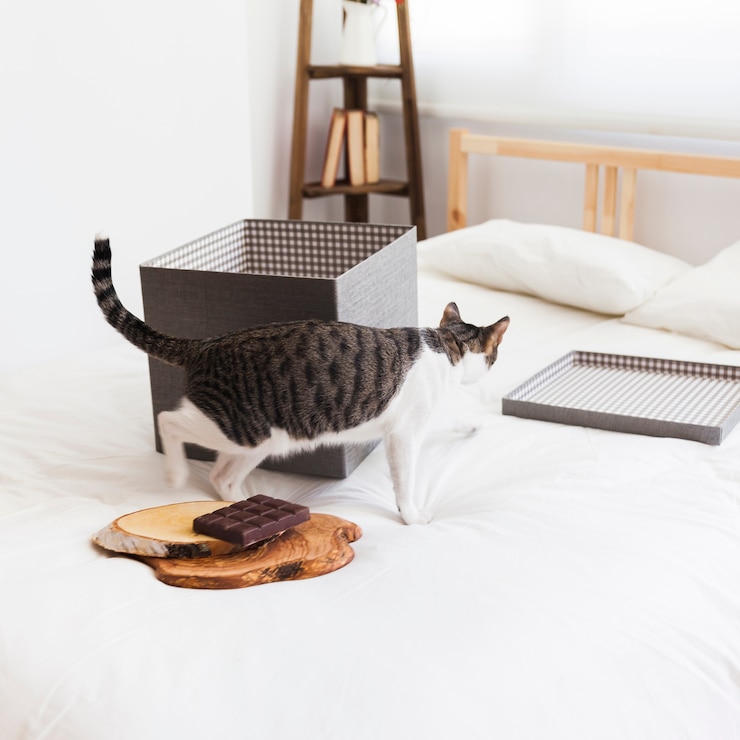 Foto gratuito gatto vicino al cioccolato e scatola sul letto