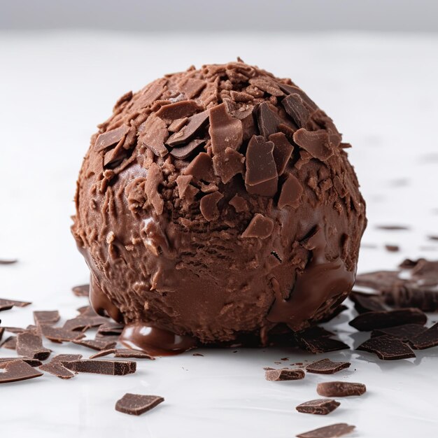 Gelato al cioccolato palla scoop con scaglie di cioccolato su sfondo bianco Ai generativo