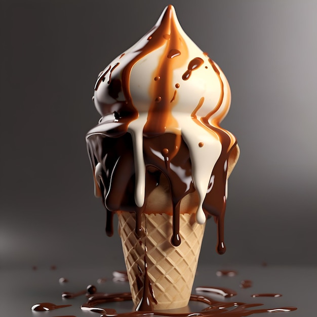 gelato in un cono di waffle con salsa di cioccolato su uno sfondo grigio