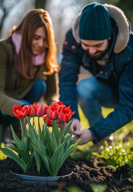 Gente che pianta bellissimi fiori di tulipano