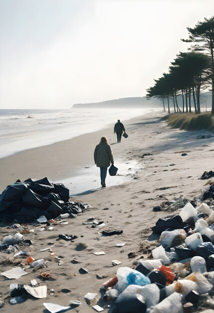 Gente che raccoglie la spazzatura dalla spiaggia