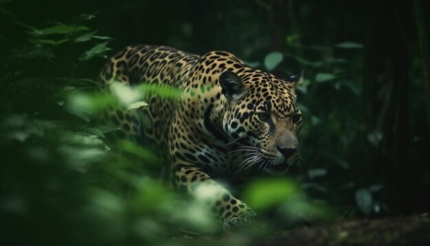 Giaguaro maculato che cammina nella natura selvaggia della foresta pluviale tropicale generata dall'intelligenza artificiale