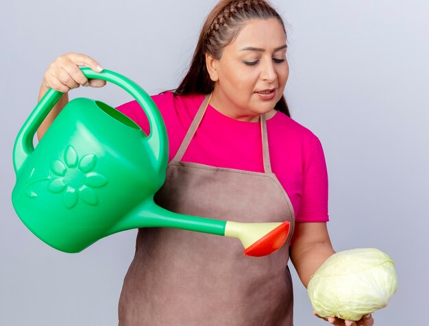 Giardiniere donna di mezza età in grembiule annaffiatoio cavolo utilizzando annaffiatoio in piedi su sfondo bianco