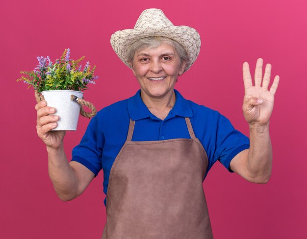 Giardiniere femminile anziano sorridente che porta il cappello di giardinaggio che tiene il vaso di fiori e che gesticola quattro con le dita sul colore rosa