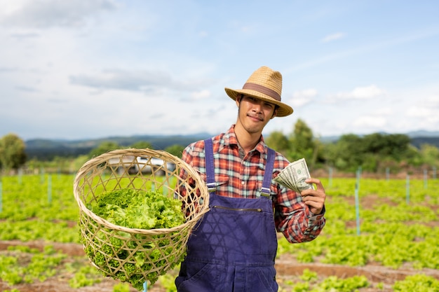 Giardinieri maschi che tengono in mano le verdure e la valuta del dollaro.