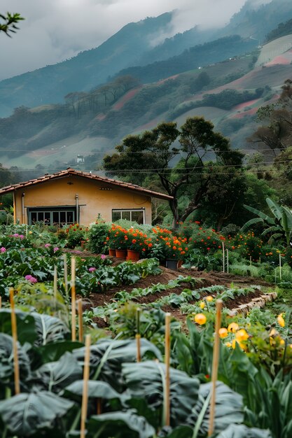 Giardino sostenibile fotorealistico con piante coltivate in casa