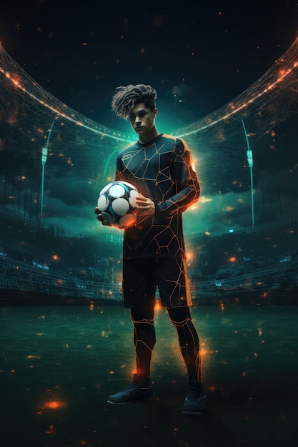 Giocatore di calcio futuristico con luci brillanti