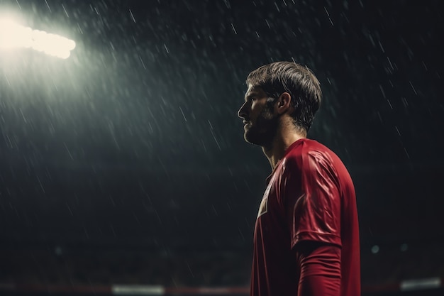 Giocatore di football maschile sul campo durante la pioggia