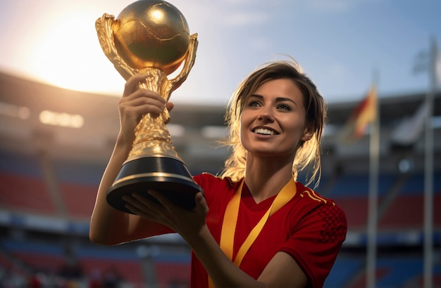 Giocatore di football spagnolo con in mano il trofeo della Coppa del mondo