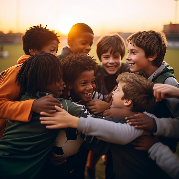 Giocatori di calcio per bambini si stringono e celebrano insieme la vittoria