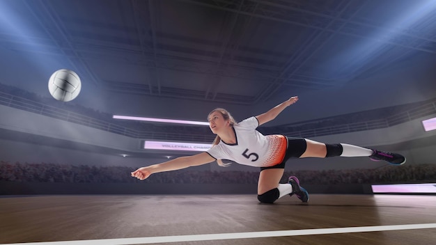 Giocatori di pallavolo professionisti femminili in azione sullo stadio 3d