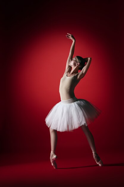 Giovane ballerino di balletto femminile grazioso o ballerina classica che balla allo studio rosso.