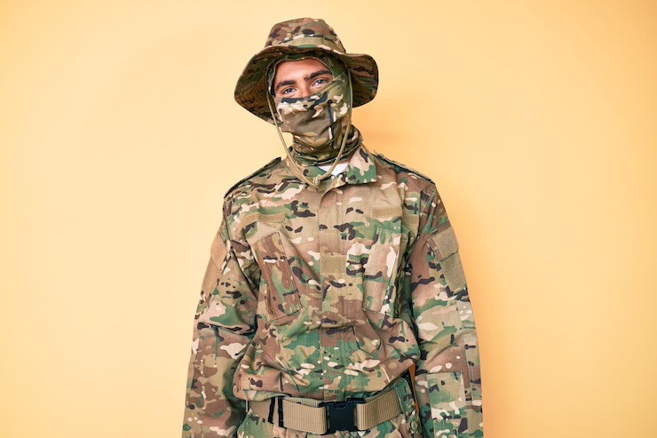 Foto gratuito giovane bell'uomo che indossa l'uniforme dell'esercito mimetico e passamontagna dall'aspetto positivo e felice in piedi e sorridente con un sorriso fiducioso che mostra i denti