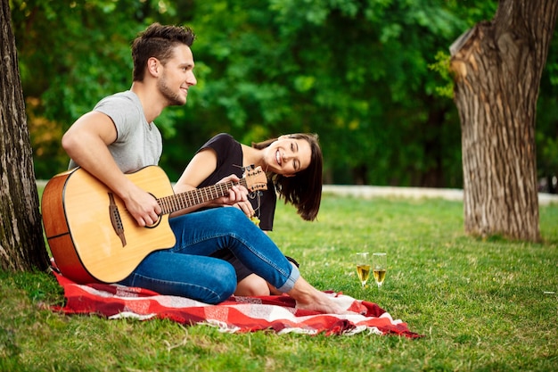Giovane bella coppia sorridente che riposa sul picnic nel parco