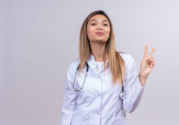 Giovane bella donna medico indossa camice bianco con lo stetoscopio sorridente mostrando segno di vittoria amichevole