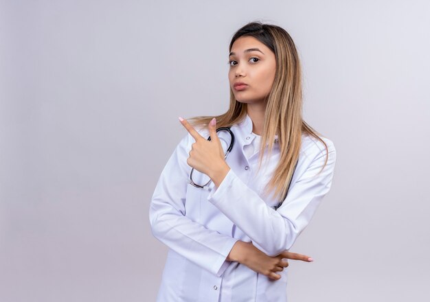 Giovane bella donna medico indossa camice bianco con stetoscopio guardando fiducioso che punta con il dito indice a qualcosa dietro