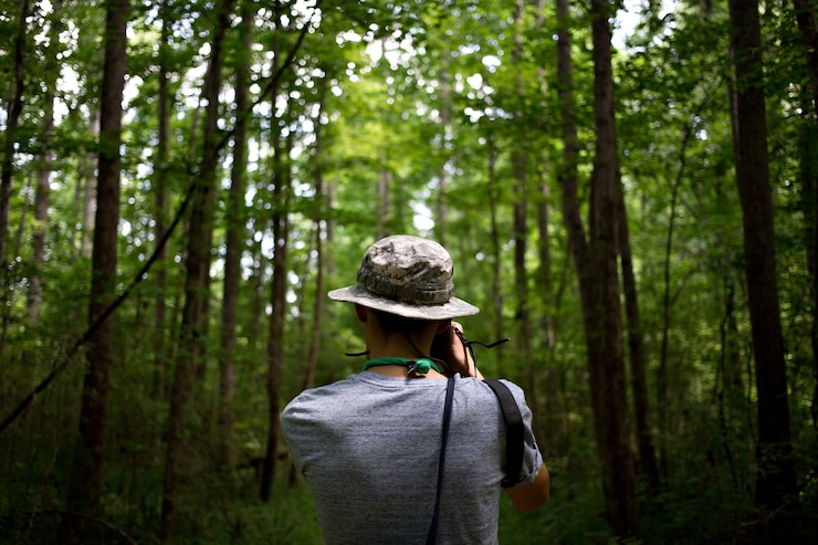 Foto gratuito giovane casual con berretto verde in un parco nella giungla fa foto della natura