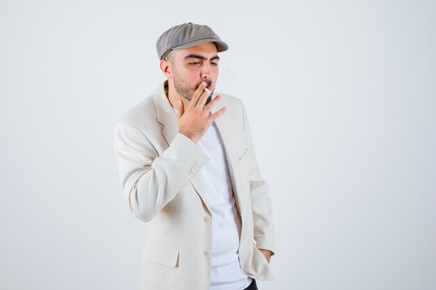 Giovane che fuma sigarette mentre si tiene per mano in vita in maglietta bianca, giacca e berretto grigio e sembra serio