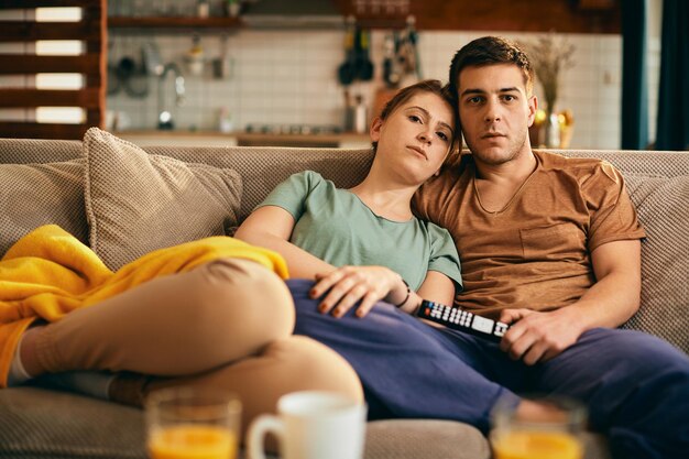 Giovane coppia abbracciata che guarda la TV mentre ci si rilassa sul divano