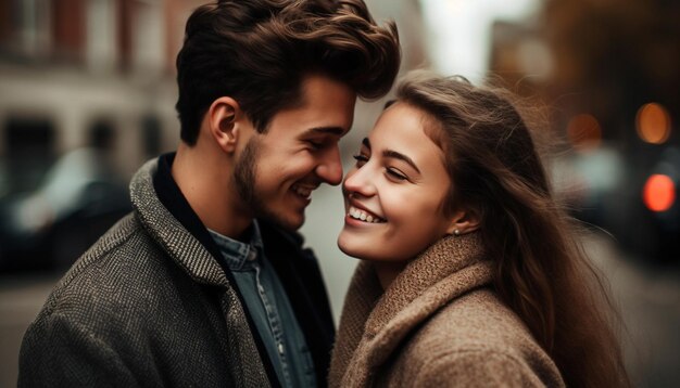 Giovane coppia che sorride abbracciandosi godendosi la vita di città generata dall'intelligenza artificiale
