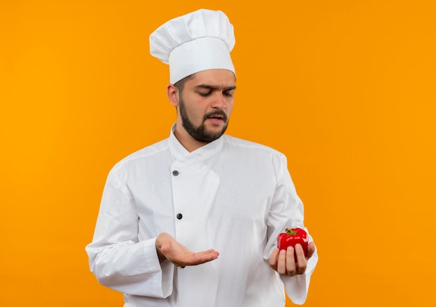 Giovane cuoco maschio dispiaciuto in uniforme del cuoco unico che tiene che osserva e che indica al pepe con la mano isolata sullo spazio arancione