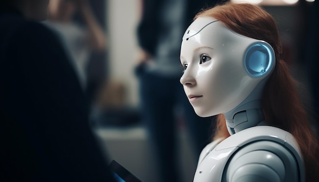 Giovane donna adulta nella tecnologia dell'ufficio futuristica generata dall'intelligenza artificiale