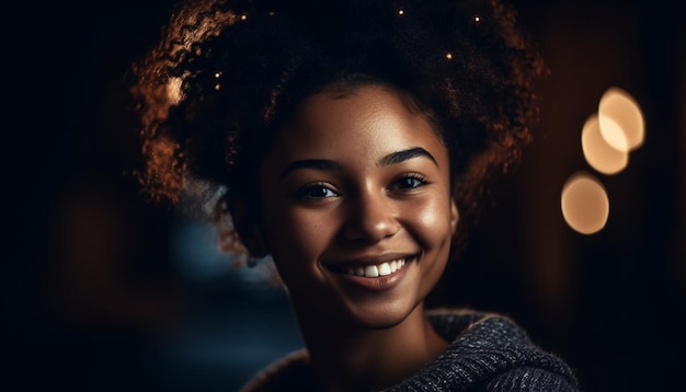 Giovane donna afroamericana che sorride con sicurezza al chiuso generata dall'intelligenza artificiale