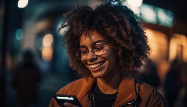 Giovane donna afroamericana sorridente che manda un sms sullo smartphone generato dall'intelligenza artificiale