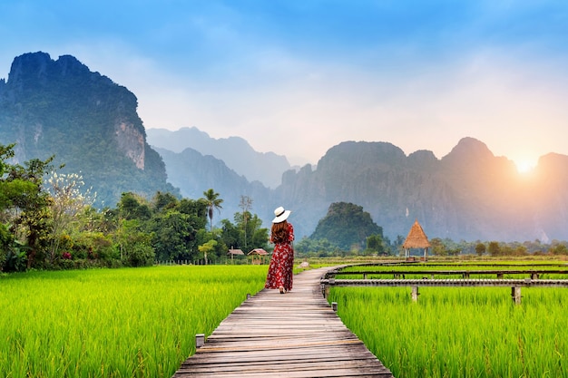 Giovane donna che cammina sul percorso di legno con campo di riso verde a Vang Vieng, Laos.