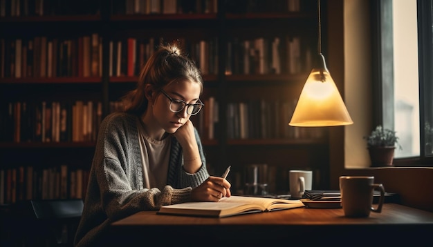 Giovane donna che legge il libro di testo nella biblioteca domestica generata dall'intelligenza artificiale