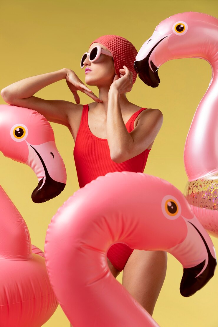 Foto gratuito giovane donna che posa con l'anello di nuoto del fenicottero