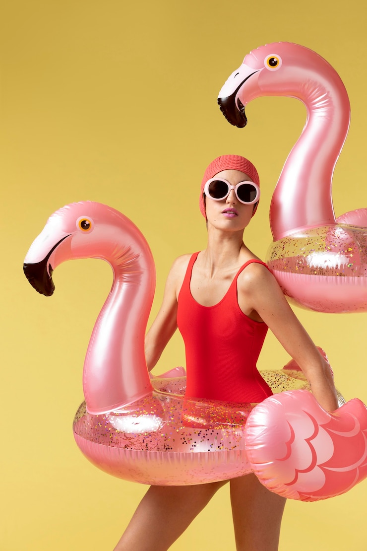 Foto gratuito giovane donna che posa con l'anello di nuoto del fenicottero