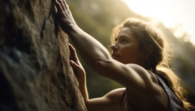 Giovane donna che scala la montagna con determinazione e resistenza generate dall'intelligenza artificiale