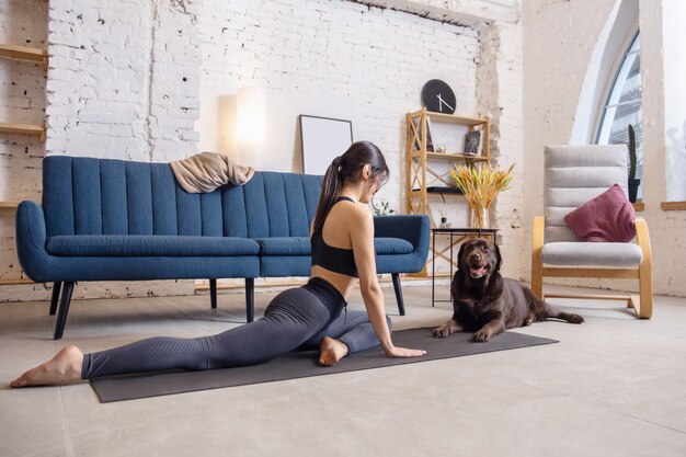 Giovane donna che si allena a casa durante il blocco, esercizi di yoga con il cane
