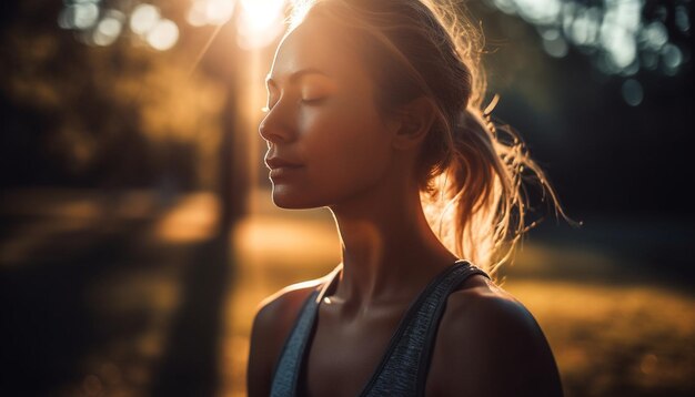 Giovane donna che si esercita al tramonto in natura generata dall'intelligenza artificiale