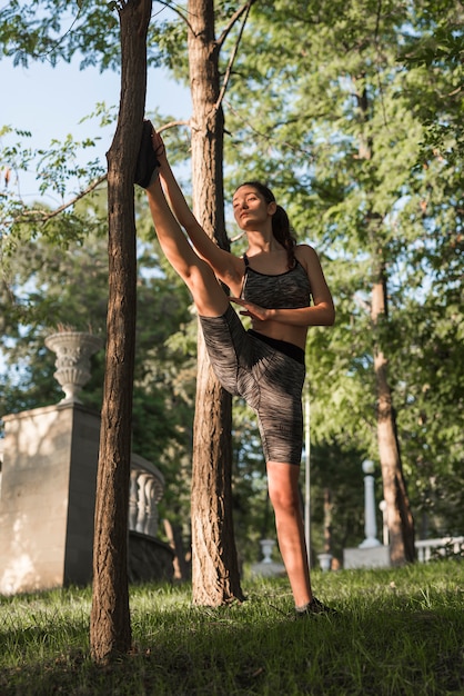 Giovane donna che si estende nel parco