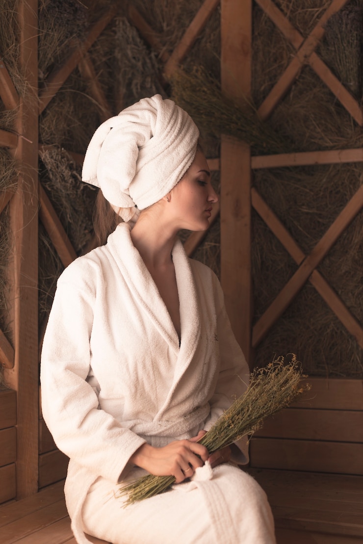 Foto gratuito giovane donna che tiene le erbe mediche che si rilassano nella sauna