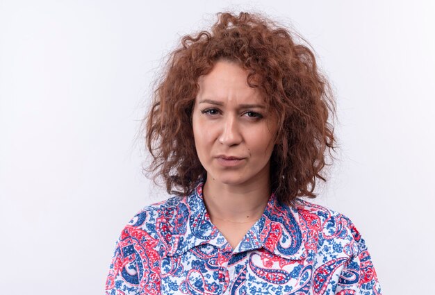 Giovane donna con capelli ricci corti in maglietta colorata guardando con il viso accigliato in piedi sopra il muro bianco