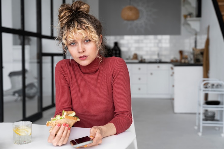 Foto gratuito giovane donna con uno stile di capelli panino disordinato