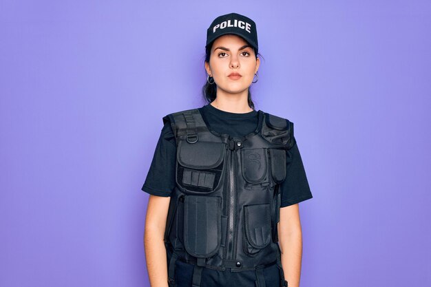 Giovane donna della polizia che indossa l'uniforme del giubbotto antiproiettile di sicurezza su sfondo viola Rilassato con un'espressione seria sul viso Semplice e naturale guardando la telecamera