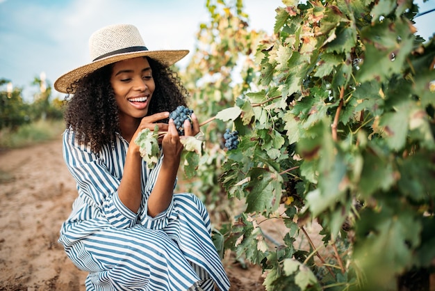 Giovane donna di colore che mangia un'uva in una vigna
