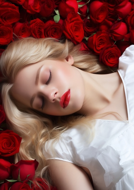 Giovane donna di vista superiore che posa con le rose