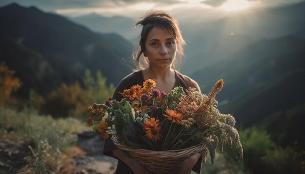 Giovane donna in piedi che tiene il bouquet che sembra fiducioso generato dall'intelligenza artificiale