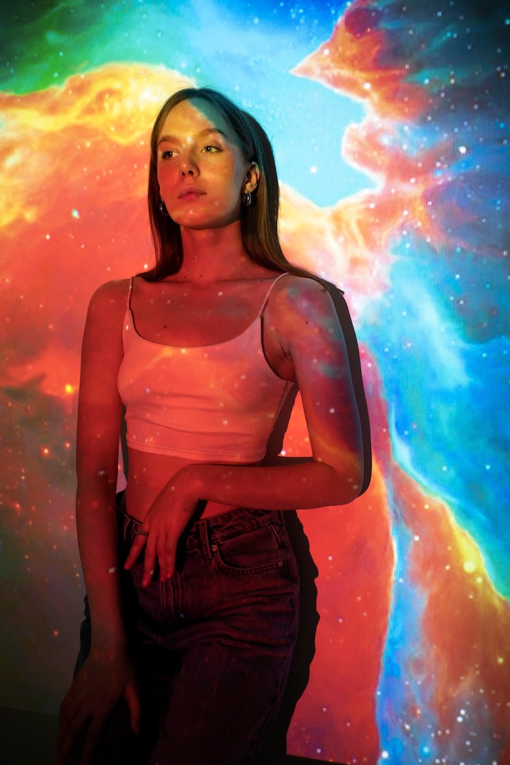 Foto gratuito giovane donna in piedi nella proiezione della trama dell'universo