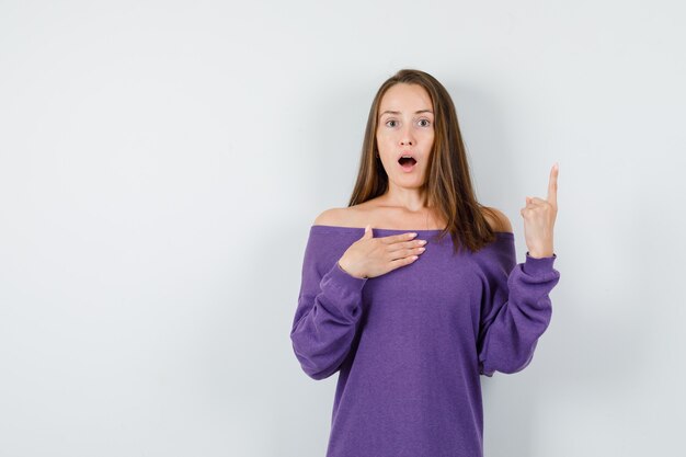 Giovane donna rivolta verso l'alto mentre chiede "me?" in camicia viola e sembra sorpreso. vista frontale.