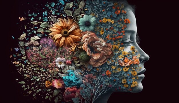 Giovane donna sorridente con gli occhi chiusi circondata da fiori generati dall'intelligenza artificiale
